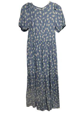 Women's Casual Boho Daisy Print Tiered Puff Sleeve Midi Dress Sz S Babydoll